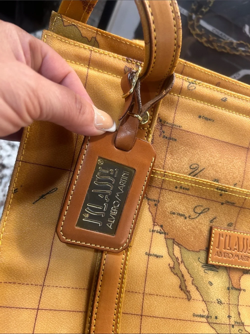 Alviero Martini vtg Tan Map-Print Zip Tote Bag EUC